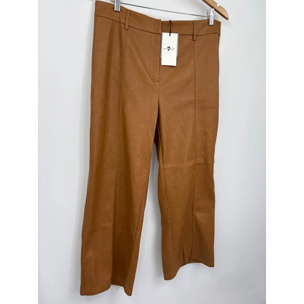 7 For All Mankind Vegan Faux Leather Crop Pant Camel Brown Large NEW - Picture 2 of 6